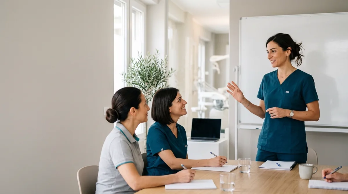 Clinic manager odontoiatrica spiega a due colleghe alla lavagna di uno studio dentistico: le competenze del ruolo nel percorso di Simona Fontana