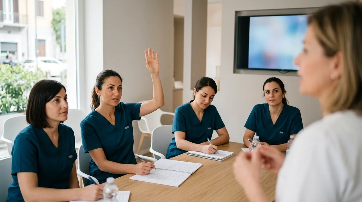 Quattro assistenti di studio in aula durante una lezione, una alza la mano: il corso per clinic manager odontoiatrico di Simona Fontana