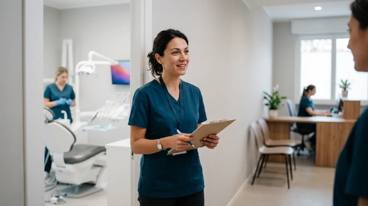 Clinic manager sulla porta di una sala operativa coordina accettazione e team clinico: cosa fa in uno studio dentistico