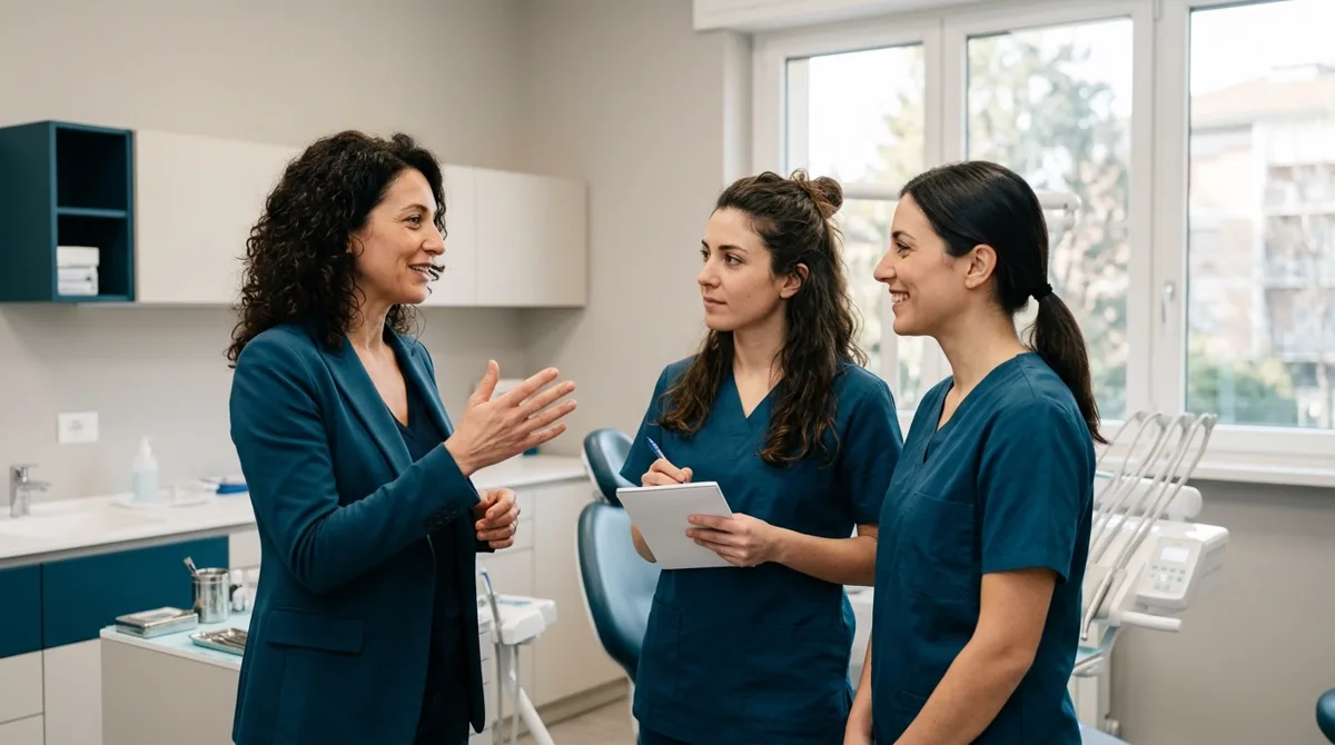 Formatrice parla con due assistenti di studio in una clinica: il percorso Da ASO a Clinic Manager di Simona Fontana