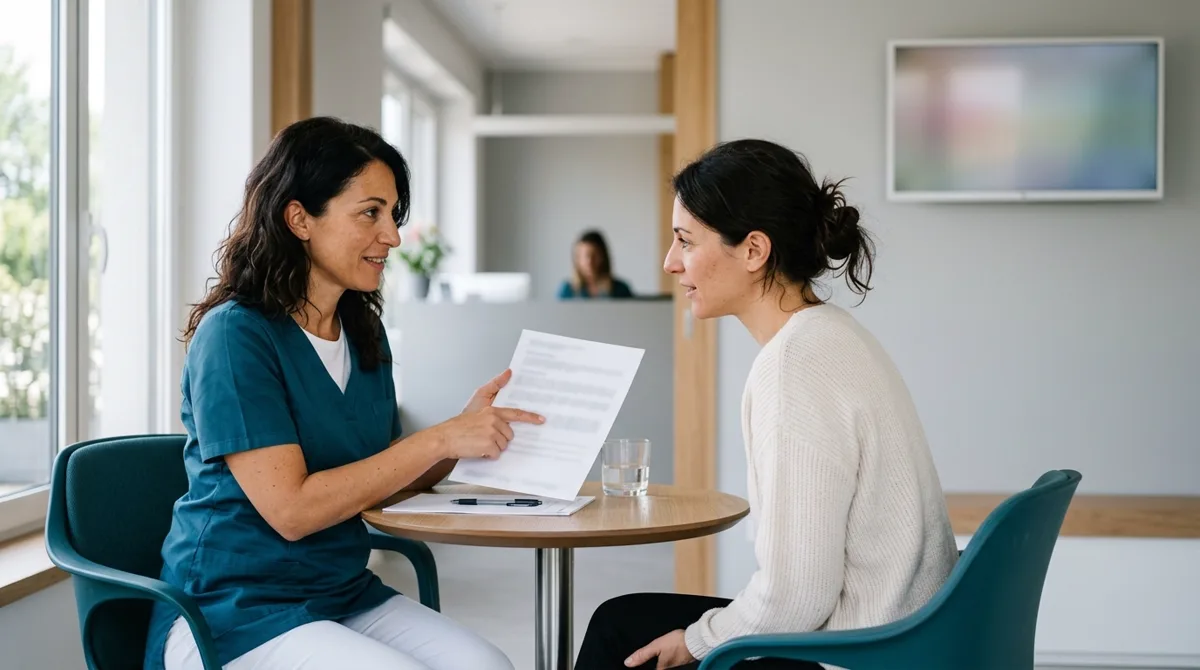 Clinic manager illustra a un paziente il piano di cure al tavolo di consulenza: dal preventivo all'accettazione