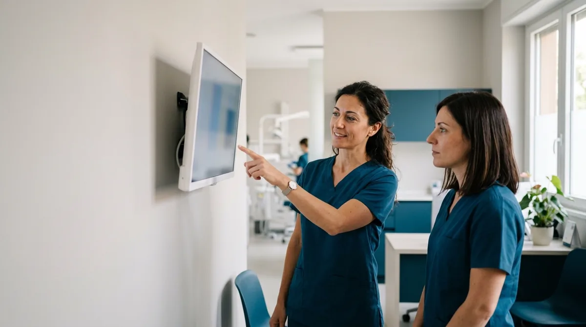 Clinic manager mostra a una collega i numeri dello studio su un monitor: i KPI e la dashboard di controllo di gestione