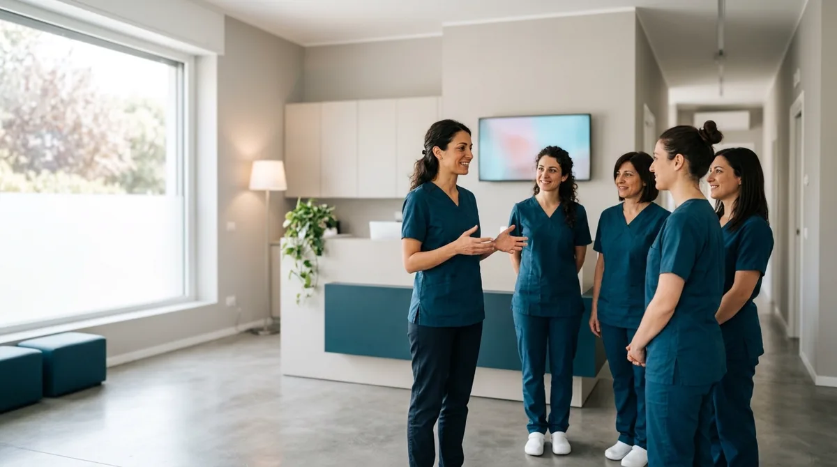 Clinic manager guida la riunione del mattino con quattro persone del team in uno studio dentistico: la leadership sul campo