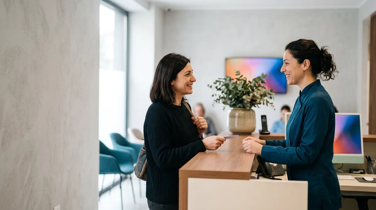 Receptionist di studio dentistico saluta una paziente al banco: marketing etico e fidelizzazione in odontoiatria