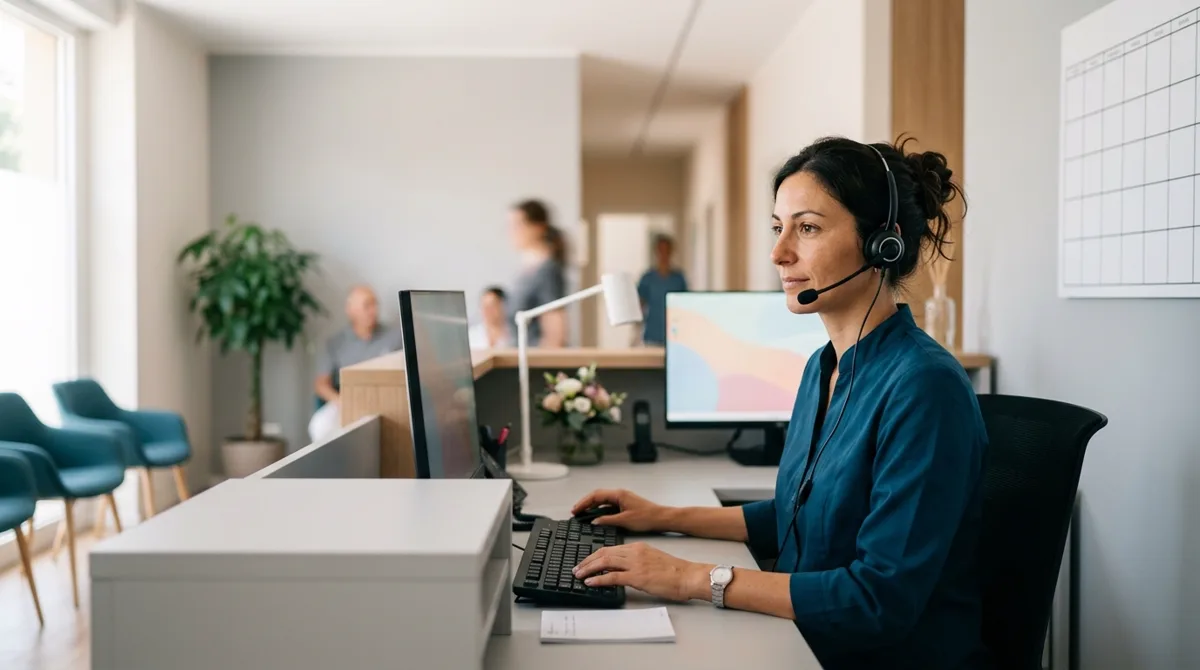 Receptionist con cuffia coordina le chiamate e il planner dello studio: l'ottimizzazione dell'agenda dentistica