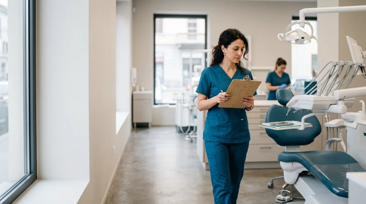 Clinic manager con la lista di controllo verifica l'allestimento della sala: i protocolli di qualita' dello studio dentistico