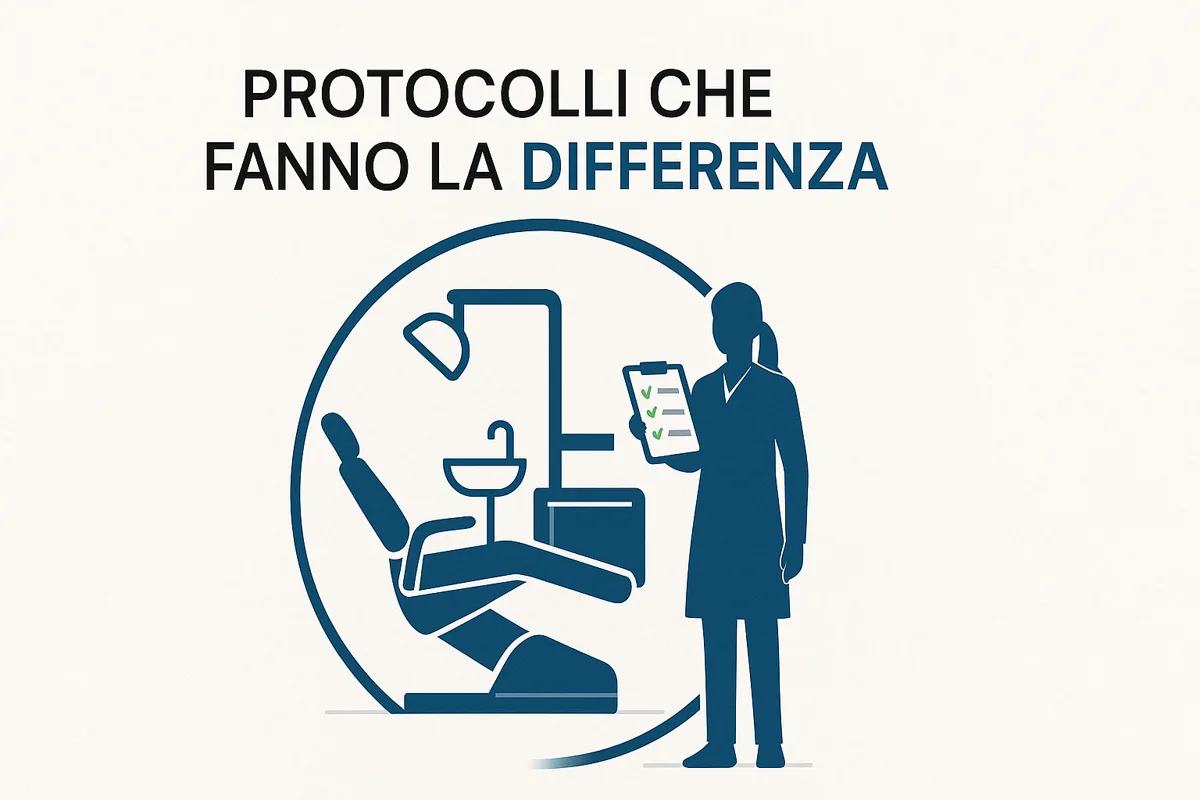 Assistente di studio prepara riunito e tray degli strumenti prima del paziente: i protocolli del riunito e la check list