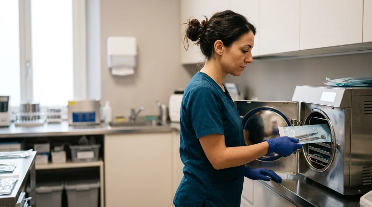 Assistente carica le buste sterili nell'autoclave della sala sterilizzazione: protocolli di sterilizzazione e tracciabilita'